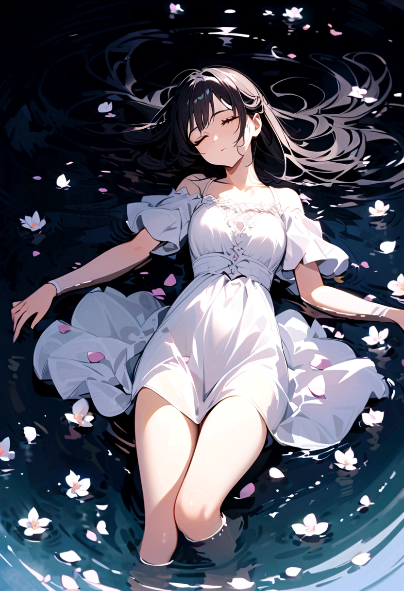 A beautiful girl with black hair,wearing a white dress,Her eyes closed,has long eyelashes, floating in the river,with scattered petals,as her body floated motionlessly,Like a sleeping beauty,but dead