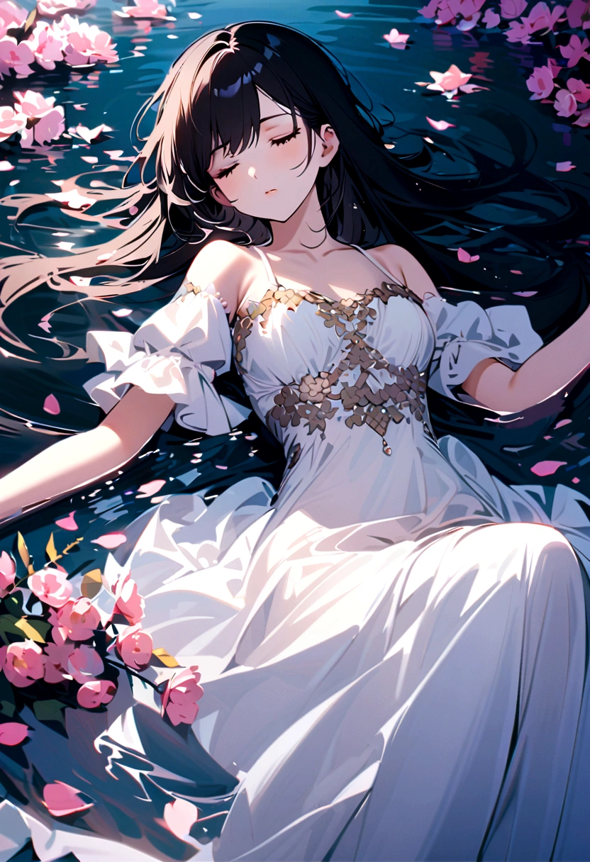 A beautiful girl with black hair,wearing a white dress,Her eyes closed,has long eyelashes, floating in the river,with scattered petals,as her body floated motionlessly,Like a sleeping beauty,but dead