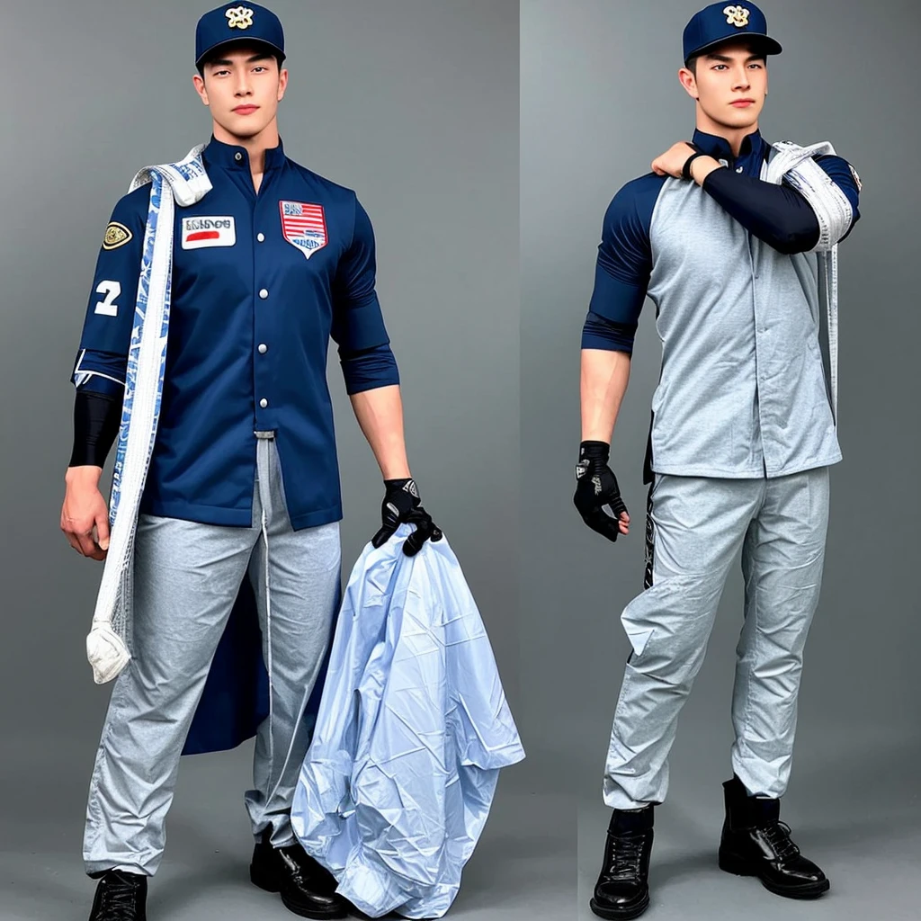 A realistic 3D male model in full body composition, wearing a full body hero suit and cape in the pattern of a professional baseball uniform, a very short haired, crew cut, cool, dandy-like, veteran-aged man with a shiny, sparkling blue cape that is longer than his body, gloves and a cap are always worn, an original hero, only the eyebrows, eyelashes and eyes are visible, his mouth is bandaged and sealed, the upper half of his face is bare with a sharp gaze, he has six pack abs, a muscular macho man with a sturdy body, he has both legs closed, his hands are clasped behind his back in an X shape, his whole body is bound and sealed with duct tape and he is held down. He has collapsed from exhaustion and is sleeping with his eyes closed. A coat of arms, in a dark room background, his whole body facing forward, backward, left and right (north, south, east and west), an image of him being restrained and mummified.
