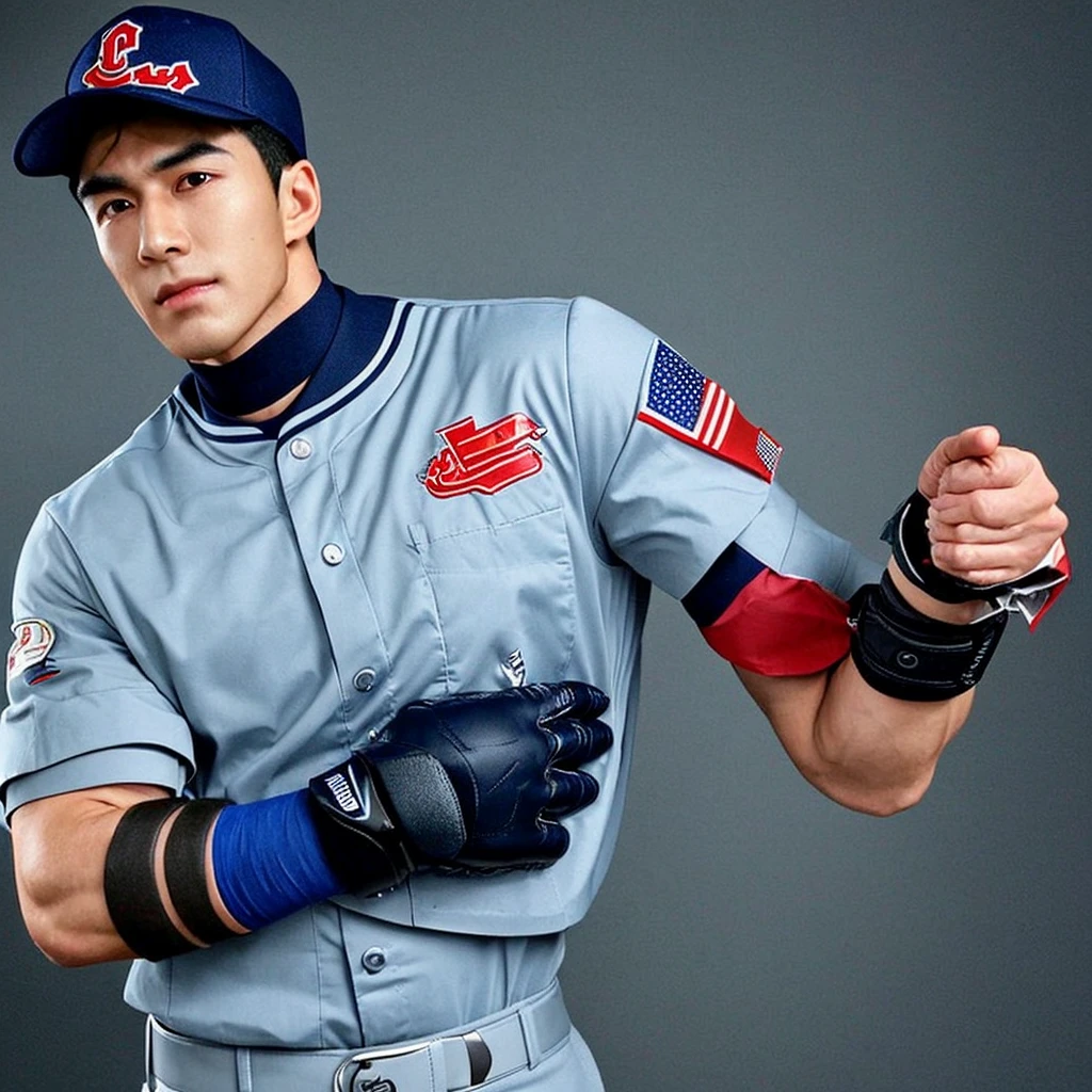 A realistic 3D male model in full body composition, wearing a full body hero suit and cape in the pattern of a professional baseball uniform, a very short haired, crew cut, cool, dandy-like, veteran-aged man with a shiny, sparkling blue cape that is longer than his body, gloves and a cap are always worn, an original hero, only the eyebrows, eyelashes and eyes are visible, his mouth is bandaged and sealed, the upper half of his face is bare with a sharp gaze, he has six pack abs, a muscular macho man with a sturdy body, he has both legs closed, his hands are clasped behind his back in an X shape, his whole body is bound and sealed with duct tape and he is held down. He has collapsed from exhaustion and is sleeping with his eyes closed. A coat of arms, in a dark room background, his whole body facing forward, backward, left and right (north, south, east and west), an image of him being restrained and mummified.