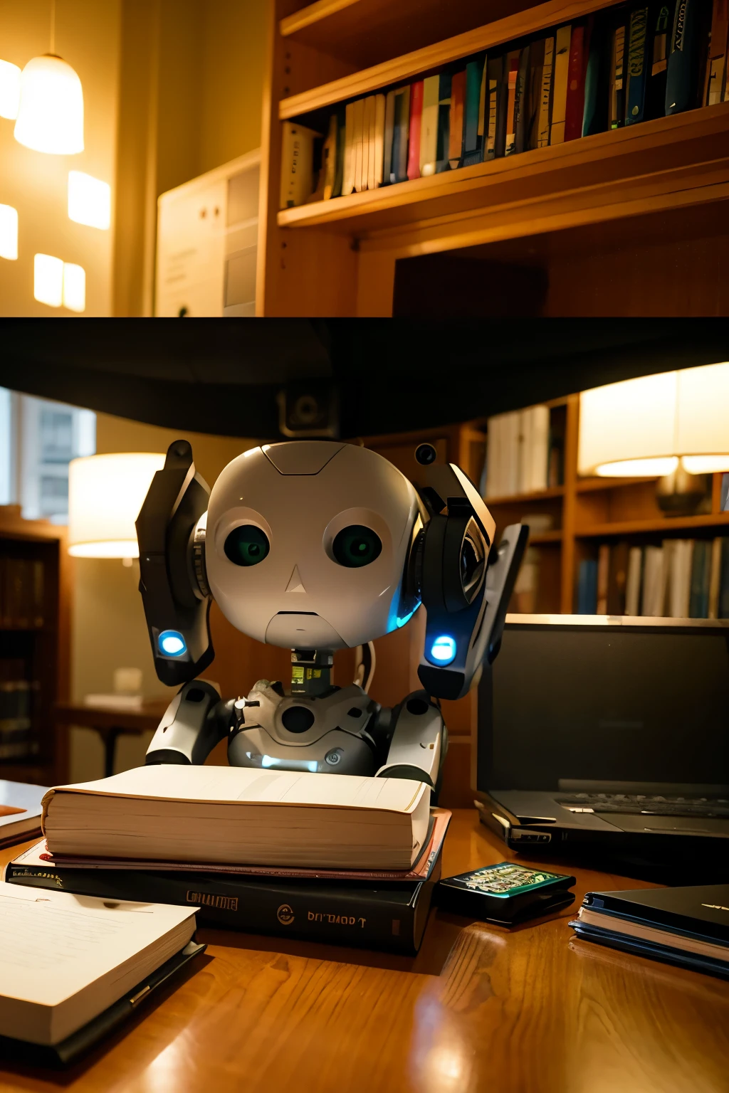 A neutral human is writing notes in a notebook, while at the same time happily discussing with an AI, adding to and deepening various ideas for a novel. The AI looks like a small, friendly robot, and the AI and human are standing next to each other in a room surrounded by books and stationery, with a laptop and notebook spread out on a desk. The AI and the human are exchanging multiple ideas with each other. Ideas are presented as a mind map of multiple letters, shapes, chara