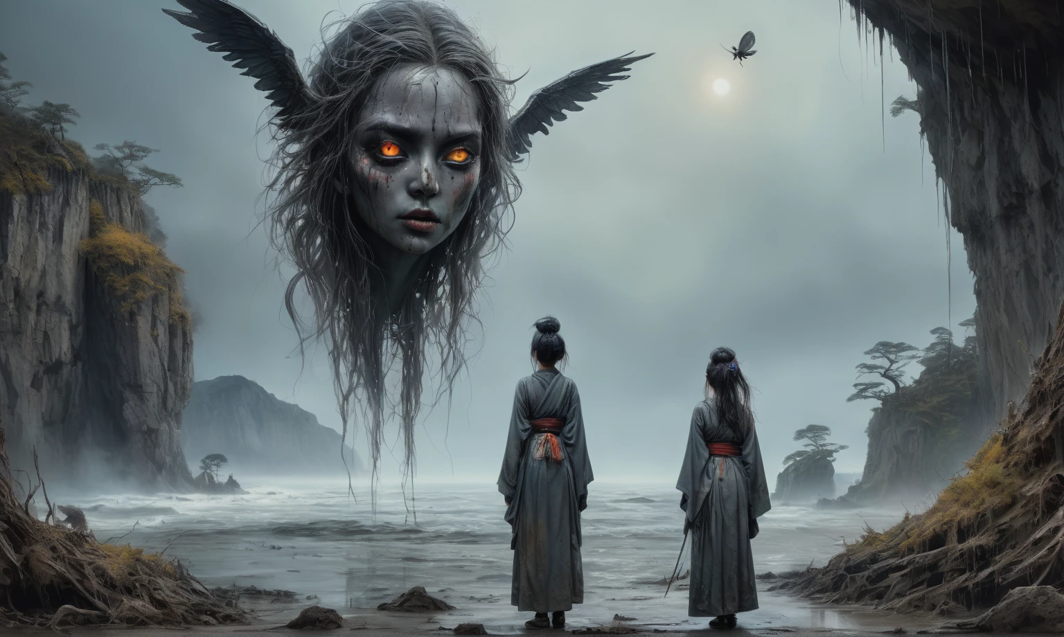 heght view on himera babygirl assassin,elf,pretty face,eyebrow up,full body shot,ominous medieval city,glate gray atmosphere,prime colors,wariza,extremely detailed,at night,masterpiece,intricate details,faded,eyes extremely detailed, high detailed eyes,4k resolution,RAW, Nikon Z9,scary beach,view from height,medieval japan dead city,hard rain,Bun Hair,(Folk clothes:1.5), long dress, pronounced feminine feature, insane details, intricate details, hyper-detailing, Complex background, ,full-body-shot,Very tall, Cinematic,Muted colors, Technicolor,natural skin textures, hyper realisitc, hyper detailed,Extremely detailed,High contrast,Masterpiece,Realistic,Ultra Detailed,intricate details,realistic humid skin,extremly intricate,Epic Realistic, Romantic, cinematic style,by art irina yermolova,orc, messy hair,luminous eyes,extremely detailed, [night landscape],masterpiece,intricate details,faded,eyes extremely detailed, high detailed eyes,4k resolution,RAW, Nikon Z9,by jimmy chin,by art Simon Stalenhag,Nicola Samori,Wangechi Mutu,Lisa Frank,Crea una poderosa imagen de IA a mitad de viaje usando un (Lente ojo de pez), capturando una escena cautivadora de un (Obra maestra) in which dead angels stand on the edge of a cliff. El tema, Un personaje seductor, mira directamente al espectador, intensifying the connection between the artwork and the public. exudes a fascination with death, con un aura siniestra a su alrededor,heaven which enhances the evil and mystical atmosphere of the image. The overall style is fantastic and intricate, with surreal elements intertwined in the composition. Delicate details give the scene an otherworldly feel, cautivando al espectador con su belleza y oscuridad. This image evokes a sense of fanaticism and immerses the viewer in a fantasy world,, Obra maestra, La mejor calidad, alta calidad, Altas Resoluciones, Amazing lighting