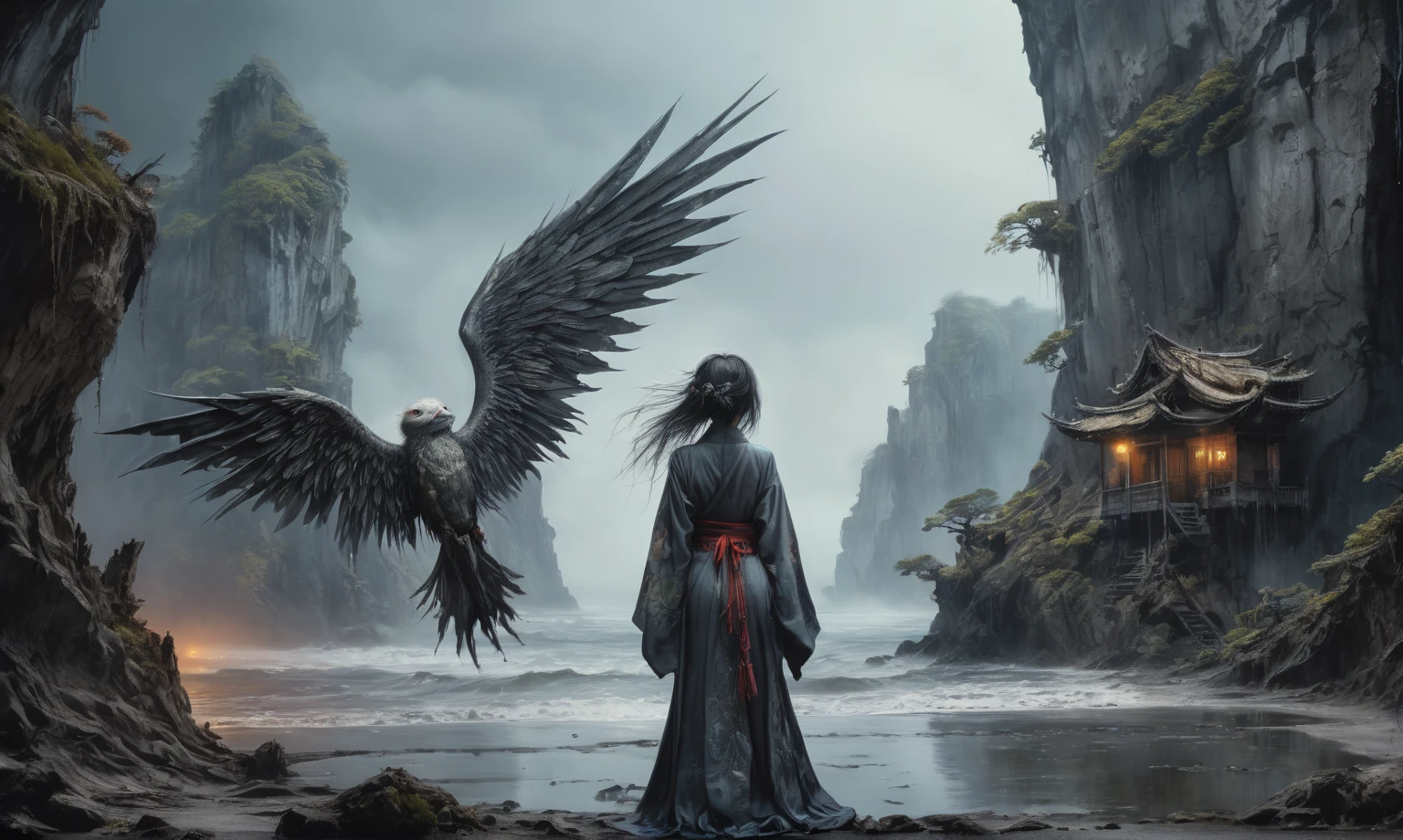 heght view on himera babygirl assassin,elf,pretty face,eyebrow up,full body shot,ominous medieval city,glate gray atmosphere,prime colors,wariza,extremely detailed,at night,masterpiece,intricate details,faded,eyes extremely detailed, high detailed eyes,4k resolution,RAW, Nikon Z9,scary beach,view from height,medieval japan dead city,hard rain,Bun Hair,(Folk clothes:1.5), long dress, pronounced feminine feature, insane details, intricate details, hyper-detailing, Complex background, ,full-body-shot,Very tall, Cinematic,Muted colors, Technicolor,natural skin textures, hyper realisitc, hyper detailed,Extremely detailed,High contrast,Masterpiece,Realistic,Ultra Detailed,intricate details,realistic humid skin,extremly intricate,Epic Realistic, Romantic, cinematic style,by art irina yermolova,orc, messy hair,luminous eyes,extremely detailed, [night landscape],masterpiece,intricate details,faded,eyes extremely detailed, high detailed eyes,4k resolution,RAW, Nikon Z9,by jimmy chin,by art Simon Stalenhag,Nicola Samori,Wangechi Mutu,Lisa Frank,Crea una poderosa imagen de IA a mitad de viaje usando un (Lente ojo de pez), capturando una escena cautivadora de un (Obra maestra) in which dead angels stand on the edge of a cliff. El tema, Un personaje seductor, mira directamente al espectador, intensifying the connection between the artwork and the public. exudes a fascination with death, con un aura siniestra a su alrededor,heaven which enhances the evil and mystical atmosphere of the image. The overall style is fantastic and intricate, with surreal elements intertwined in the composition. Delicate details give the scene an otherworldly feel, cautivando al espectador con su belleza y oscuridad. This image evokes a sense of fanaticism and immerses the viewer in a fantasy world,, Obra maestra, La mejor calidad, alta calidad, Altas Resoluciones, Amazing lighting