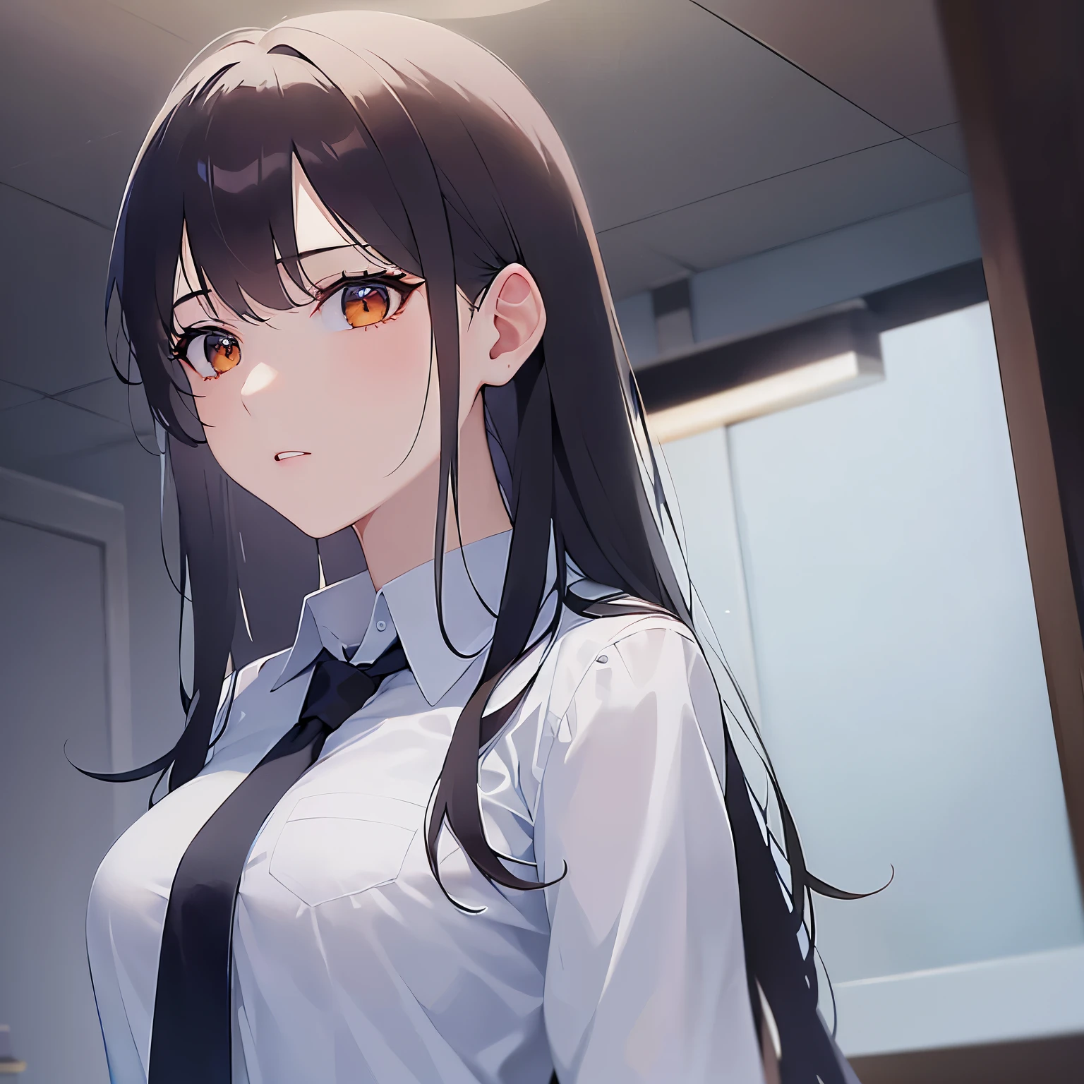 (hand up:1.5), Biologically correct five fingers、Shooting from below、Upper Body, Realistic, real person, (pale skin: 1.2), RAW photo, photorealistic, shiny skin, shiny hair、 (A 25-year-old woman with medium-length hair and bangs) and (wavy hair) and (brown hair) and (Orange Eyes), (Wearing a business suit:1.5)、 expressionless, The background is the living room、Alone、Are standing