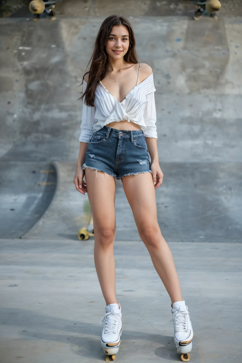 Beautiful 26 years old woman, 170cm high, 60 kg weight, white skin, long curly dark hair, gray eyes, wearing black and white stripes shirt, denim skirt, white sneakers, looking to somewhere else, (((skate park))), dancing, natural morning light, realistic, highly detailed, analog style, deep cleavage, breast, nipple, (((full body))), smile