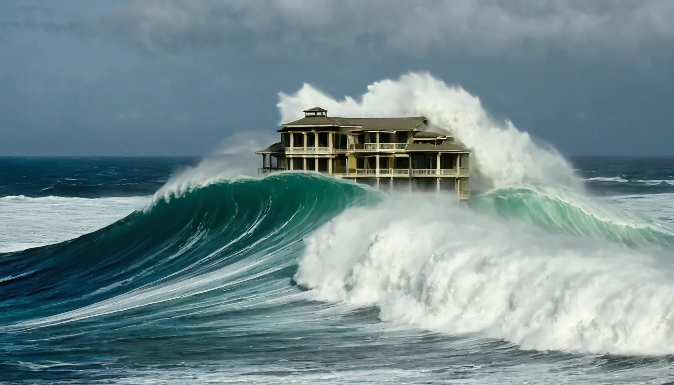 plowed building in the middle of a huge wave in the ocean, huge waves, apocalyptic tumultuous sea, Gigantic waves, very huge waves, huge waves, fierce huge waves, big waves crashing over it, gigantic waves, torment and waves, big waves, out there, a storm rages, standing in a whirlpool, tsunami, turbulent waves