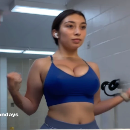 there is a woman in a blue top is standing in a bathroom, violet myers, showing off biceps, chun li at the gym, working out, centered shoulders up view, flexing, crop shirt and strong abs, fit girl, her face flushing and sweat, shoulders up, bursting with muscles, posing and flexing, muscles, shoulders can be seen, Big tits, huge tits, no clothes, sexy, cute, wide hips, thick thighs, pear-shaped body, minimal clothes, thick, bbw, chubby stomach, thick nipples, nipple piercings, large areola, hard nipples, piercing through shirt, nipples hard through shirt, busty, major cleavage, naked, ripping through top, spilling over sides, bra too tight, giant , dominatrix, dominatrix clothes, huge giant , upper body zoom, only wearing bikini, chubby stomach, massive tits and waist