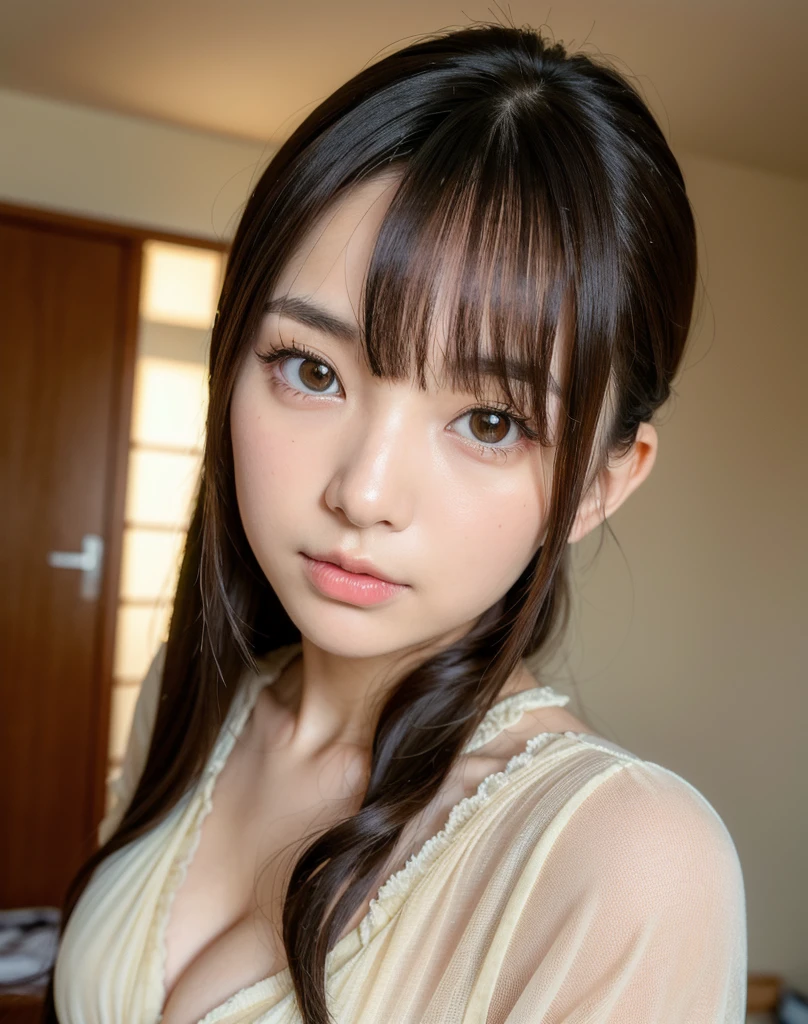 best quality, face focus, soft light, ultra high res, (photorealistic:1.4), RAW photo,
1japanese girl, solo, cute, (pupil, lights in the eyes), detailed beautiful face, (small chest),(high resolution detail of human skin texture),
(long hair),
indoor,
Damask Shirt Dress,
(portrait)
Sem roupa totalmente pelada