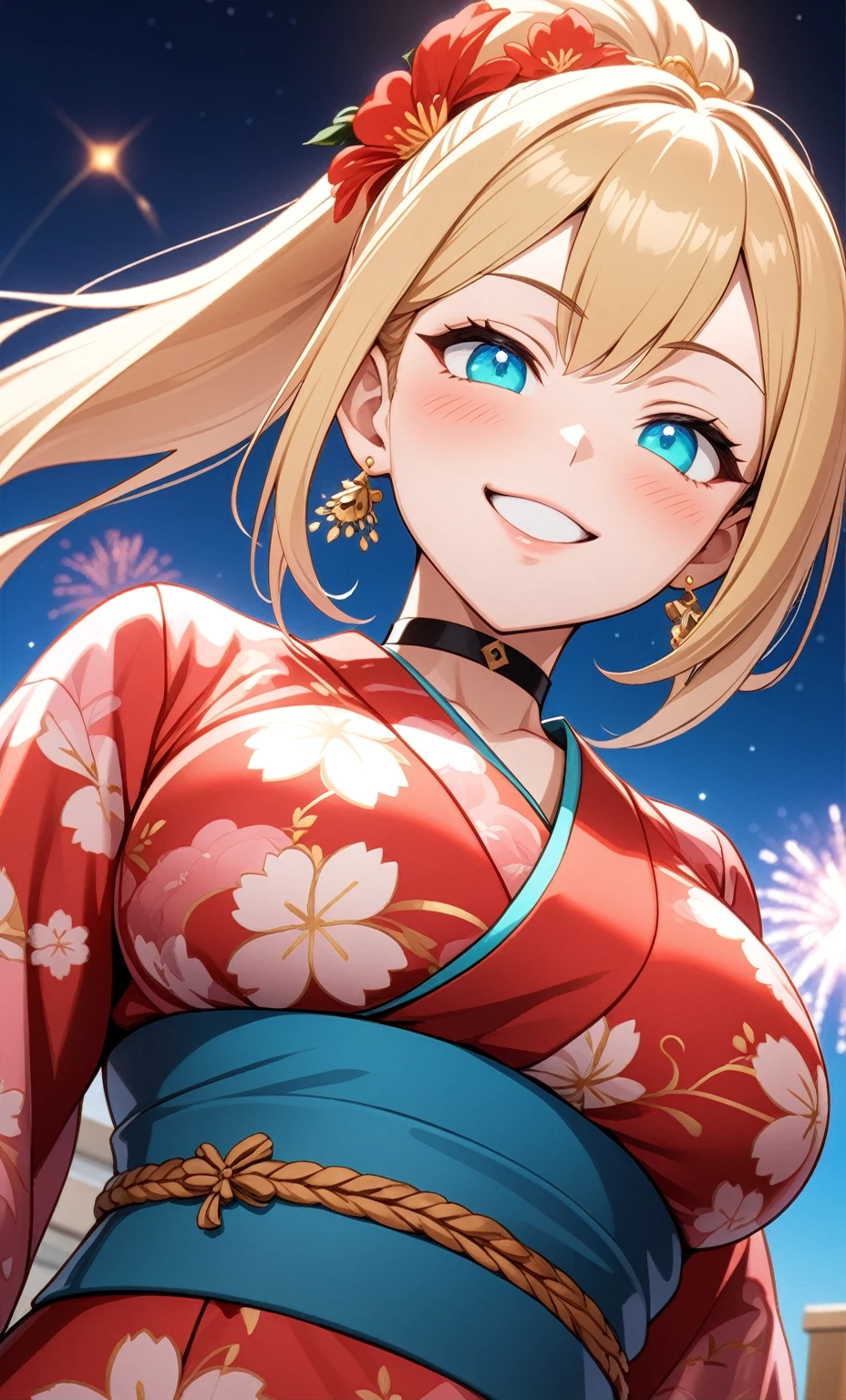 ((One personの女性)), Beautiful Face, ((smirk)),((Wink:1.95)), head tilt, Laugh with your mouth wide open,((Bright red cheeks:1.4)),Shiny red lips,night,rooftop,You can see the ocean, firework,Laughing with your mouth open,Glossy pink lips,Facial lighting,((Anime style background)),masterpiece, Highest quality, so beautiful,up to date, Complex details, (Pink long nails),(ring),(bracelet),(choker),AI-generated, Complex,High resolution, Highest quality, super high quality,3D Images、3D Images,One person,Long blonde hair,High Ponytail,(turquoise blue eyes),Anime woman posing for a photo, ((Fine grain、Colorful eyes、Shining Eyes:1.3)),(Squint your eyes:1.1),a hyperRealistic , hyperRealistic , Realistic,Anime woman with long white hair, Smooth anime CG art, A woman in a colorful kimono with gold embroidery, (Pink long sleeve kimono),Red floral pattern,Long flower hair ornament,Earrings,Mature Body,(Big Breasts:1.1),Tall,Abdominal muscles,Tight waist,(Zoom up to face:1.6),(dutch angle),(from below),