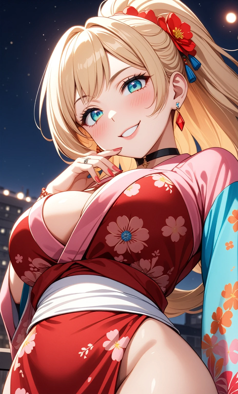 ((One personの女性)), Beautiful Face, ((smirk)),((Wink:1.95)), head tilt, Laugh with your mouth wide open,((Bright red cheeks:1.4)),Shiny red lips,night,rooftop,You can see the ocean, firework,Laughing with your mouth open,Glossy pink lips,Facial lighting,((Anime style background)),masterpiece, Highest quality, so beautiful,up to date, Complex details, (Pink long nails),(ring),(bracelet),(choker),AI-generated, Complex,High resolution, Highest quality, super high quality,3D Images、3D Images,One person,Long blonde hair,High Ponytail,(turquoise blue eyes),Anime woman posing for a photo, ((Fine grain、Colorful eyes、Shining Eyes:1.3)),(Squint your eyes:1.1),a hyperRealistic , hyperRealistic , Realistic,Anime woman with long white hair, Smooth anime CG art, A woman in a colorful kimono with gold embroidery, (Pink long sleeve kimono),Red floral pattern,Long flower hair ornament,Earrings,Mature Body,(???????????:1.1),Tall,Abdominal muscles,Tight waist,(Zoom up to face:1.6),(dutch angle),(from below),