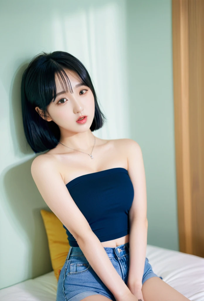 close-up of beautiful South Korean, Eunha is a VIVIZ korean pop girl group, youthful face, white skin body, perfect body, very long hair, black hair, straight hair, bust size 34 inches, wearing a tight plain dark blue strapless tube top, wearing a tight plain dark black short pants, Eunha holding breasts with her own two hands is very sexy and sigh, Eunha’s shirt was cut by my boyfriend using a scissor from a t-shirt to a tube top in a very sighing and sexy manner, strand by strand of Eunha’s clothes fell off because it had been cut, the rest of Eunha’s clothes were scattered on the floor because they had been cut, Eunha’s shirt shows off her breasts because boyfriend cut them off, making her look sexier and more seductive, sexy looking pose, pose a naughty look, at a boyfriend bedroom, UHD