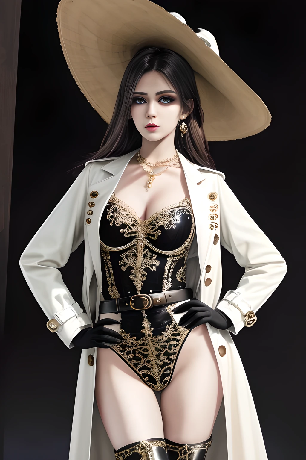 1girl,elegant, stylish suit, wide-brimmed hat, floral decorations, long white trench coat, classic buttons, belt design, dark striped suit, suit jacket, pants, capable, fashionable, black gloves, small black handbag, black high-heeled boots, sophisticated, detailed,,beautiful detailed eyes, beautiful detailed lips, extremely detailed eyes and face, long eyelashes, best quality, 4k, 8k, highres, masterpiece, ultra-detailed, realistic, photorealistic, photo-realistic, ethereal glow, regal elegance, intricate details, luxurious, otherworldly beauty, dark atmospheric background, supernatural aura, elise,