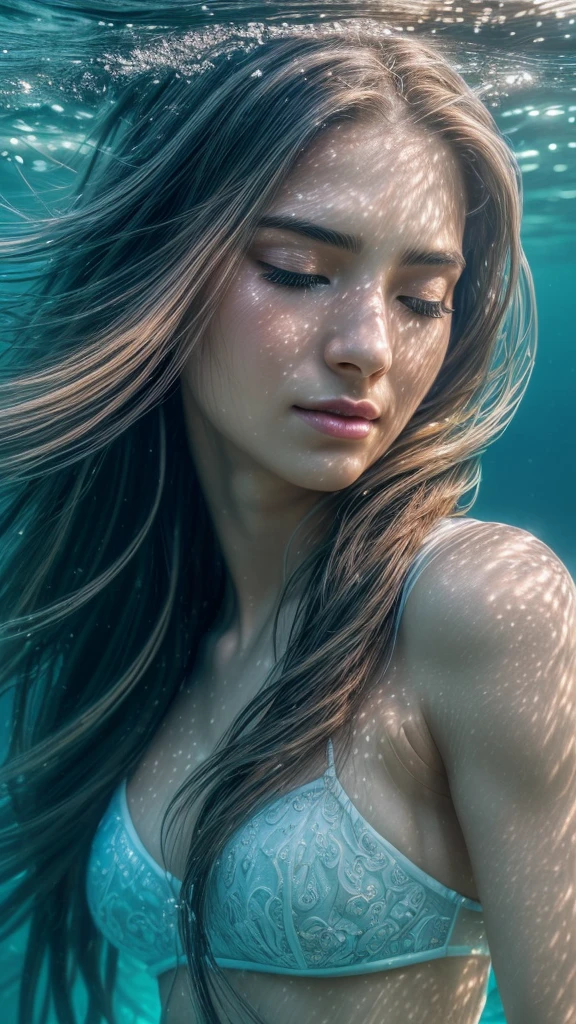 a beautiful girl with long flowing hair, (close eyes, serene expression, underwater, surreal, ethereal, serene, peaceful, tranquil:1.2), (underwater, ocean, sea, waves, soft light, glowing, luminous:1.3), (sensual, intimate, romantic, passionate, erotic, alluring:1.4), (best quality, 4k, 8k, highres, masterpiece:1.2), ultra-detailed, (realistic, photorealistic, photo-realistic:1.37), HDR, UHD, studio lighting, ultra-fine painting, sharp focus, physically-based rendering, extreme detail description, professional, vivid colors, bokeh, portraits, fantasy, dreamlike, soft focus