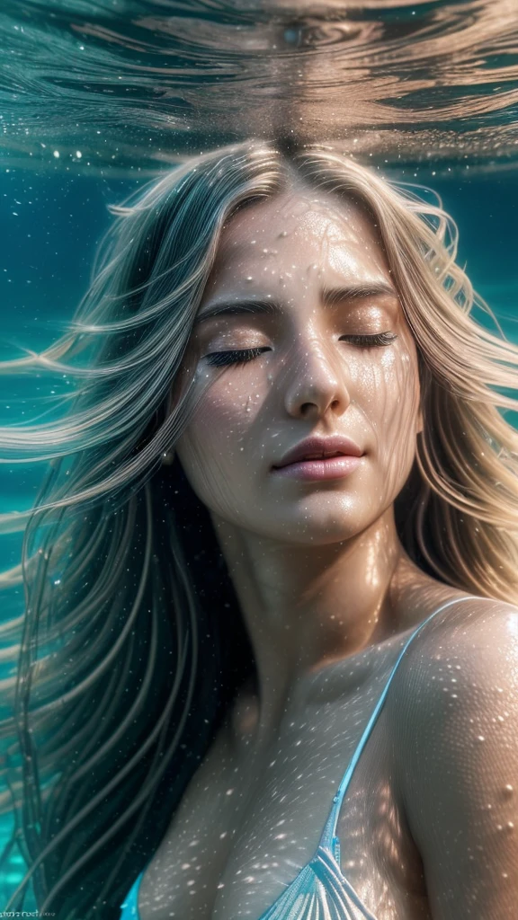 a beautiful girl with long flowing hair, (close eyes, serene expression, underwater, surreal, ethereal, serene, peaceful, tranquil:1.2), (underwater, ocean, sea, waves, soft light, glowing, luminous:1.3), (sensual, intimate, romantic, passionate, erotic, alluring:1.4), (best quality, 4k, 8k, highres, masterpiece:1.2), ultra-detailed, (realistic, photorealistic, photo-realistic:1.37), HDR, UHD, studio lighting, ultra-fine painting, sharp focus, physically-based rendering, extreme detail description, professional, vivid colors, bokeh, portraits, fantasy, dreamlike, soft focus