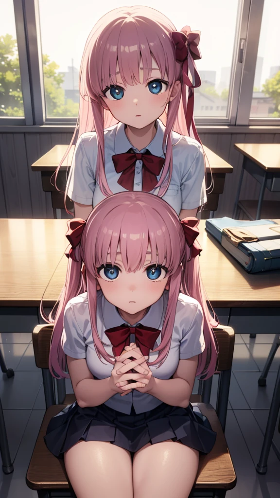 Yuokahara Village, Notaka Haramura, blue eyes, hair bow, Long hair, Pink Hair, bow,
rest blue skirt, Kiyosumi , pleated skirt, , Seraph, skirt,
rest looking at viewer,
rest indoors, classroom,
rest (masterpiece:1.2), best quality, high resolution, Unity 8K wallpaper, (illustration:0.8), (Beautiful and delicate eyes:1.6), Extremely detailed face, Perfect lighting, Extremely detailed CG, (Perfect hands, Perfect anatomical structure),