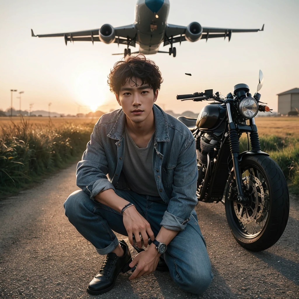  handsome korean man with (curly very short hair),clean face,ideal height.wearing a casual clothes,sitting on the ground with a caferacer custom bike on a field beside him, an airplane flying over the field, an airplane,a person standing in front. cinematic shot,airplane,low angle e shot, at sunrise photo in the middle center shot ,cinematic shot, long shot. cinematic still shot , professional photography, advertising shoot, stunning shot. straight face looking at the camera