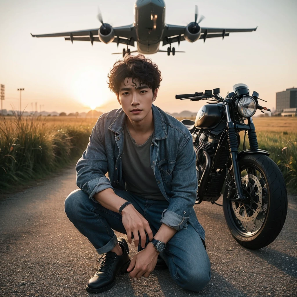  handsome korean man with (curly very short hair),clean face,ideal height.wearing a casual clothes,sitting on the ground with a caferacer custom bike on a field beside him, an airplane flying over the field, an airplane,a person standing in front. cinematic shot,airplane,low angle e shot, at sunrise photo in the middle center shot ,cinematic shot, long shot. cinematic still shot , professional photography, advertising shoot, stunning shot. straight face looking at the camera
