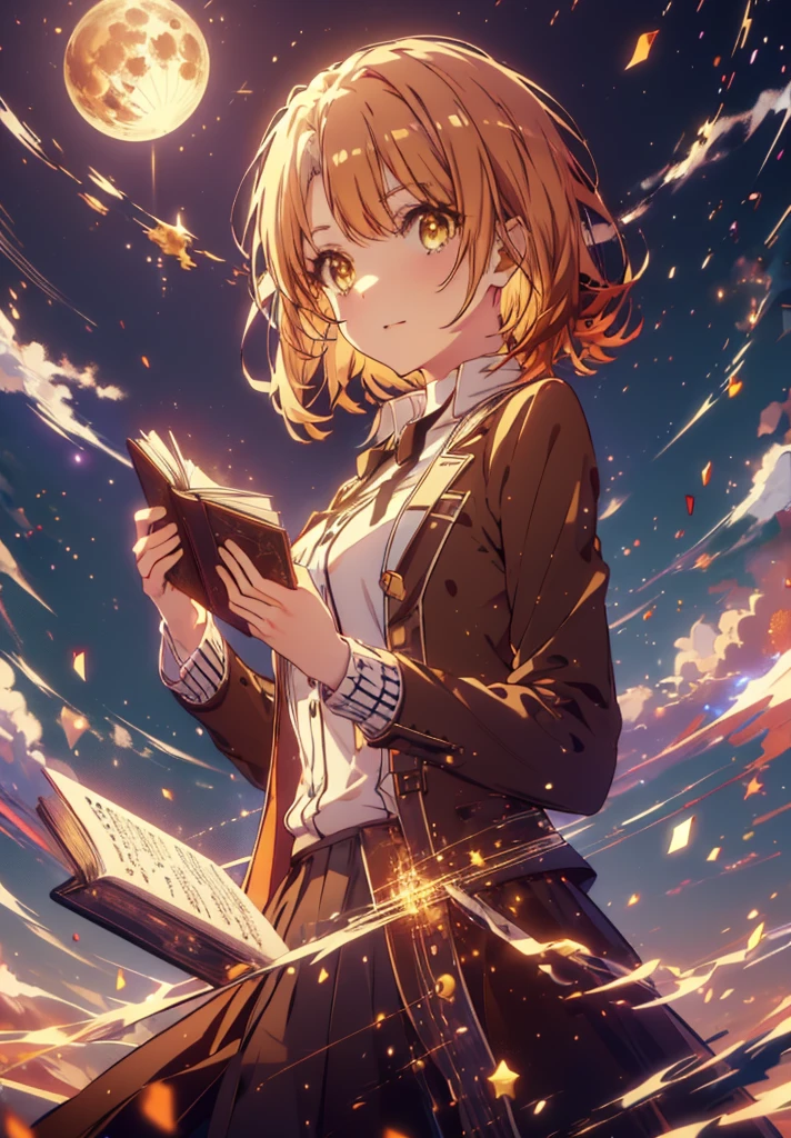 Irohaisshiki, isshiki iroha, Short Hair, Brown Hair, (Brown eyes:1.5), smile,((Night Sky)),((Big full moon)),((Sparkling and colorful stars)),Fluffy hair,((Idol style costume with soft volume)),Long skirt,Holding a magic book in his right hand,Uses magic with left hand,((witch)),Rubik&#39;s Square,
break outdoors, forest,forest
break looking at viewer,Upper Body,
break (masterpiece:1.2), Highest quality, High resolution, unity 8k wallpaper, (shape:0.8), (Narrow and beautiful eyes:1.6), Highly detailed face, Perfect lighting, Highly detailed CG, (Perfect hands, Perfect Anatomy),