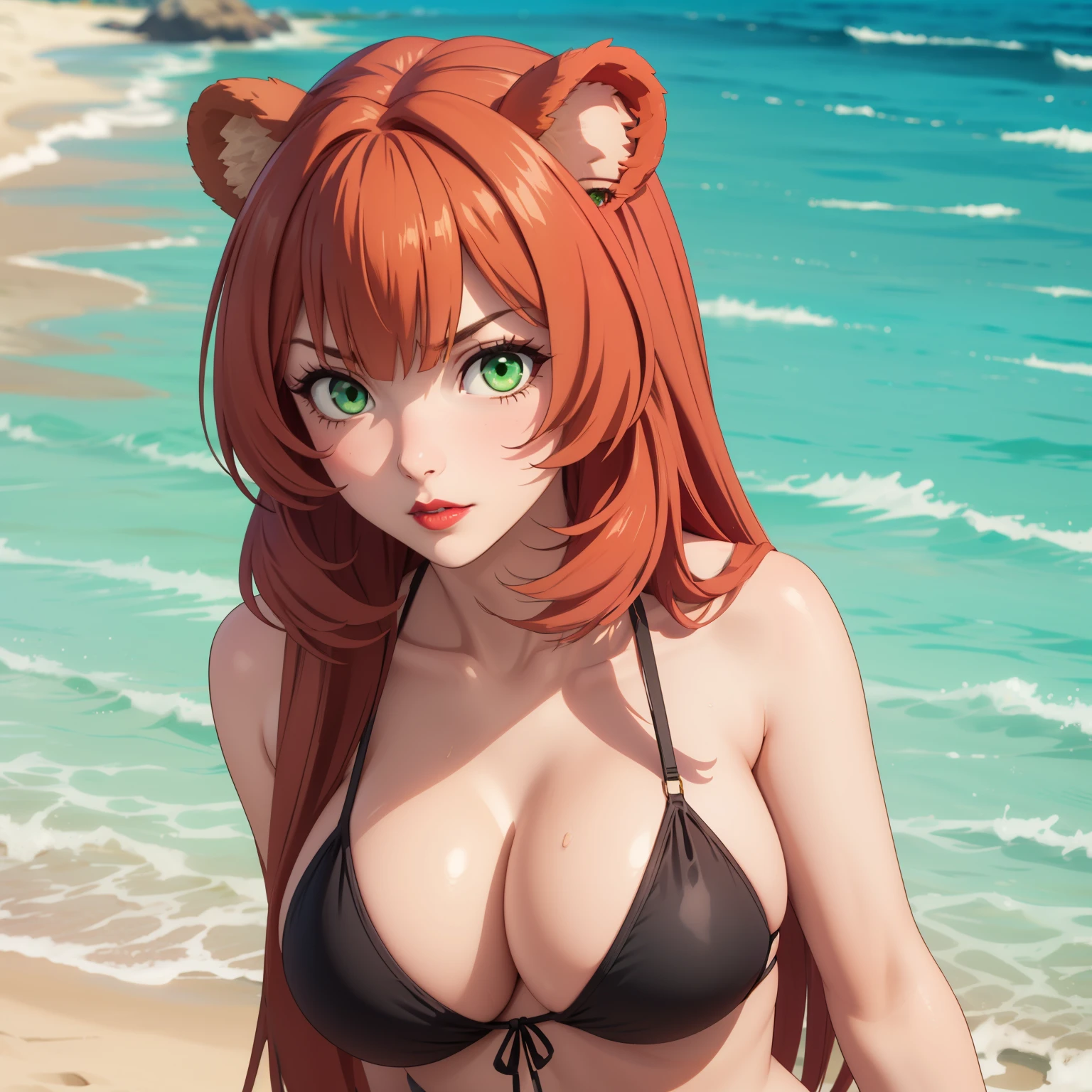 raphtalia, woman 25 years old , Red hair , bear ears, green eyes like emeralds, Painted lips, big breasts. arrogant look,  sexy black bikini, background a beach. pelo rojo, cabello rojo.