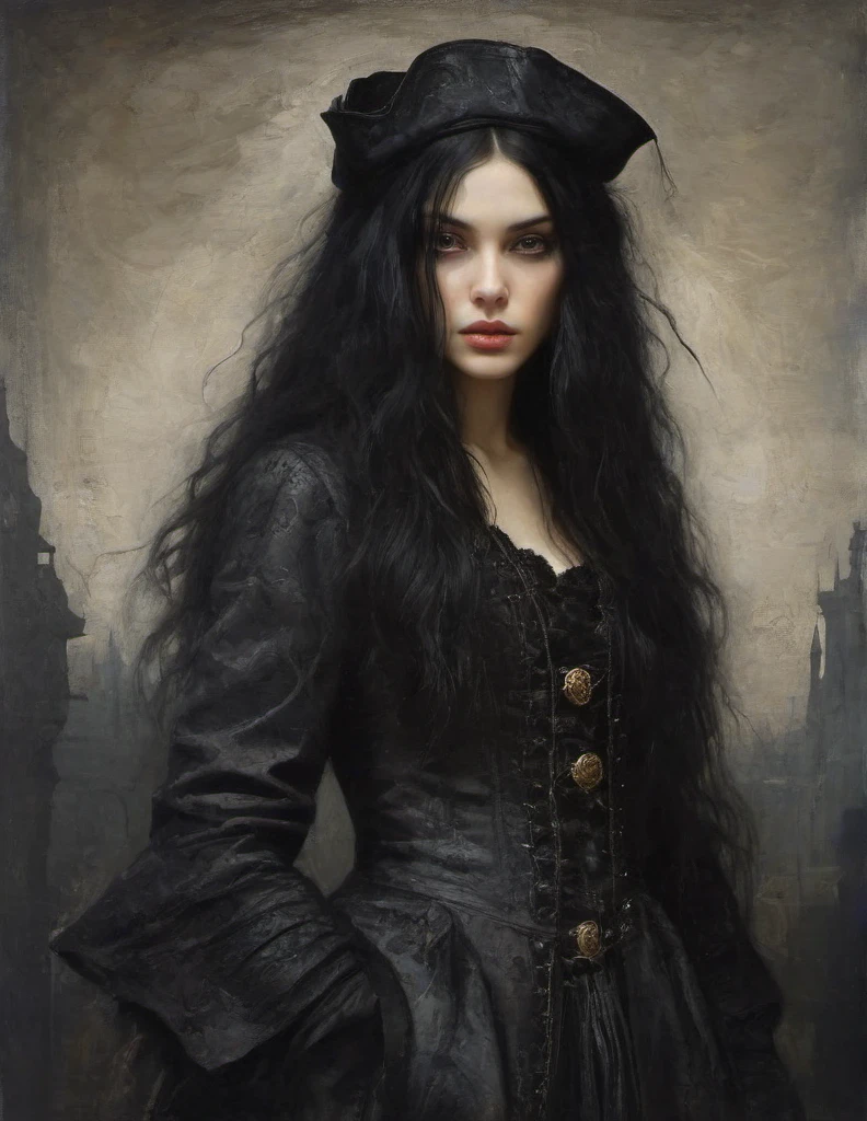 James Gurney, Surrealist art , dream-like, Mysterious, Provocative, symbolic, Complex, detailed,, (Gothic but very beautiful:1.4), (masterpiece, highest quality:1.4) , Nicola Samori Style, young girl with long black hair, gray eyes, pirate coat