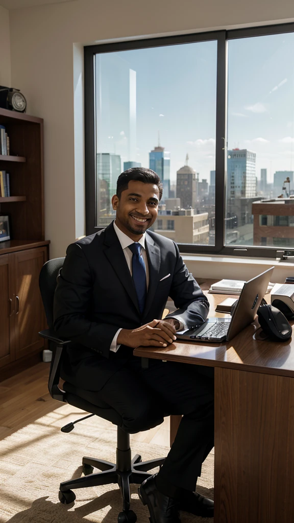 A Muslim man in formal clothes is sitting at his spacious desk, smiling broadly while staring at the computer screen in his modern office. Around it there are books and several electronic devices neatly organized. In the background, a large window can be seen showing a view of majestic urban buildings and a clear blue sky." very realistic, high resolution, 8k resolution, intricate details