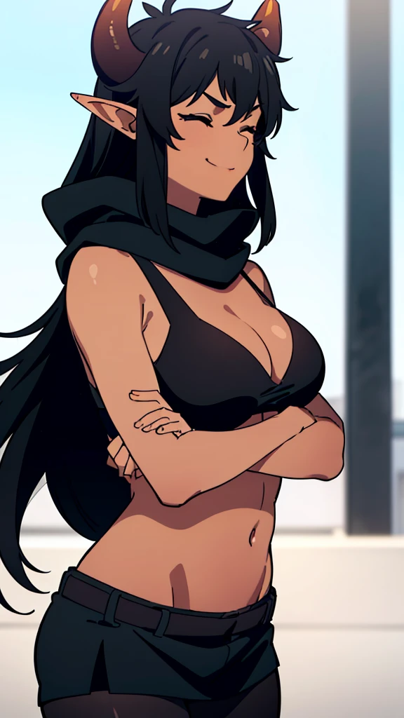 ((1girl,solo,mature female,adult)),big breasts,long hair, black hair,horns,elf ears,black scarf,cleavage,((dark skin)),((black sports bra, midriff)),(((pantyhoses))),((no background)),closed eyes,crossed arms,from side,serious,smile,upper body