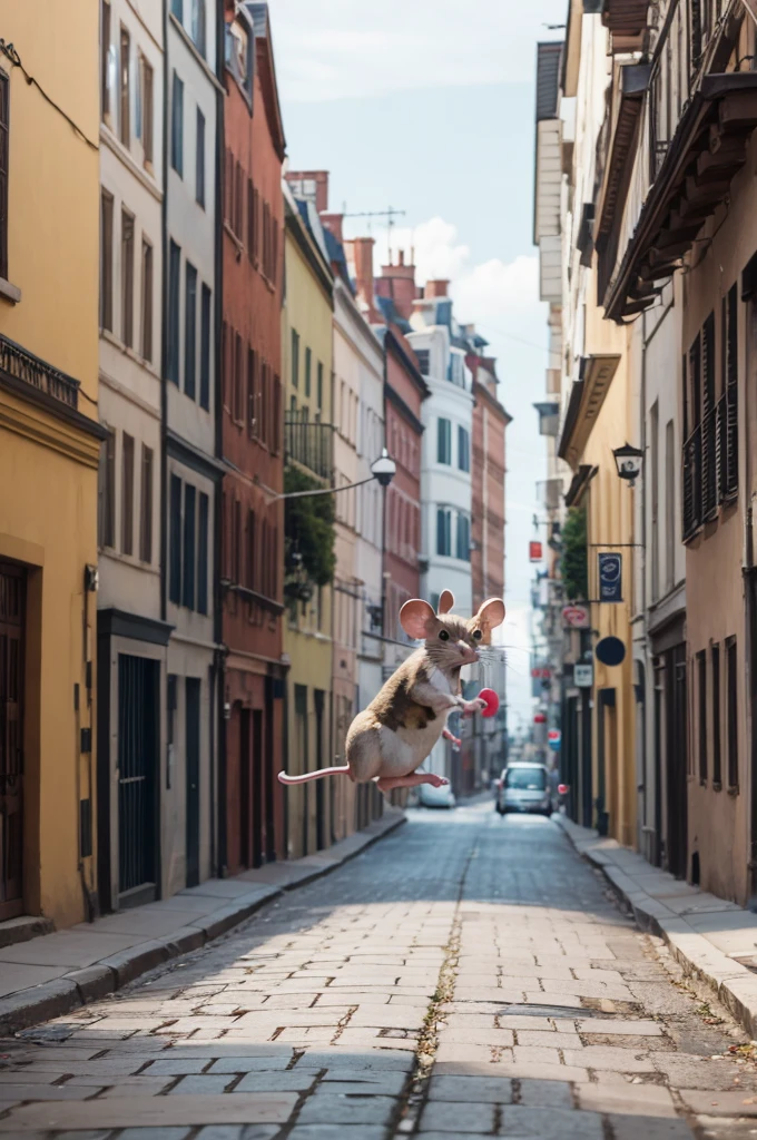 a mouse jumping in the street holding a glass bottle