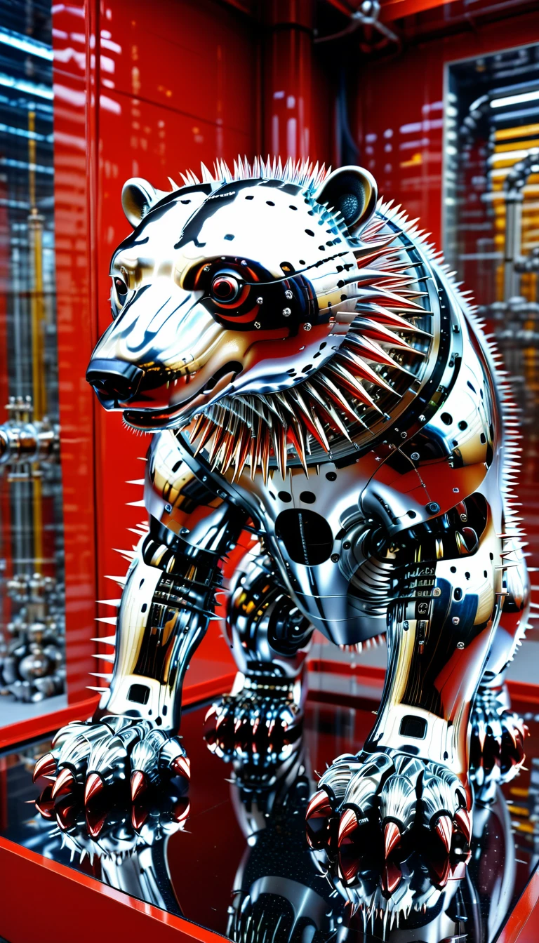 There is no one, Reality Photos, Reality Photos, Realistic photos of creatures like polar bears, spikes, multicolored sparkling, strange and, Surreal and, the other world, A robotic factory with a shiny assembly plant, intricate details, very sharp, Sophisticated details, Flawless composition, vivid colors, masterpiece, futuristic, metal decoration, The shiny red interior is empty., polished, ray tracing