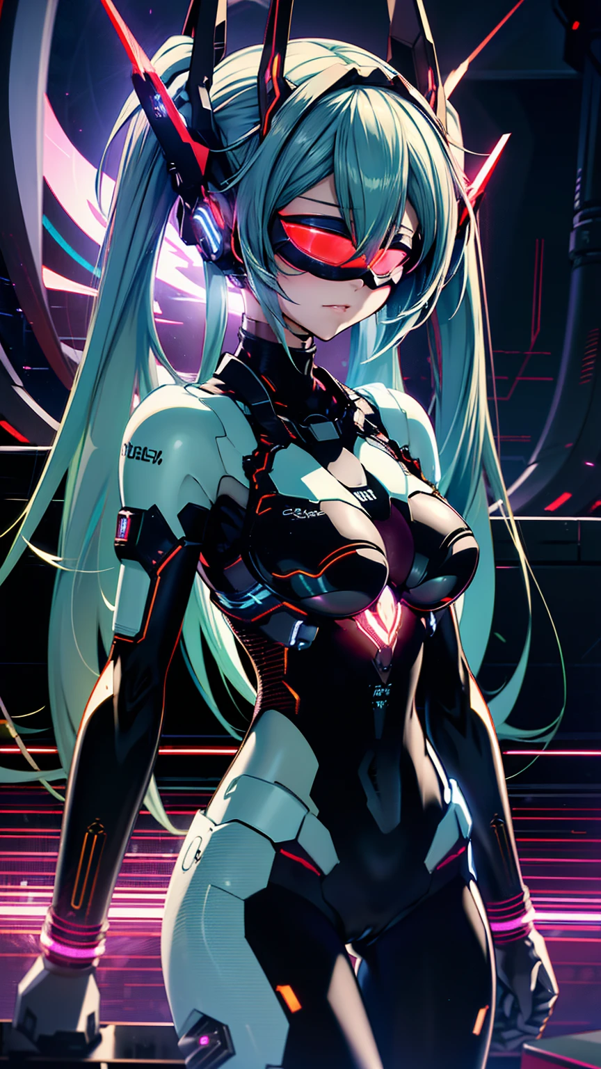 {{1 female},{{{{{Tabletop++, Highest quality++, Super detailed+, Ultra-high resolution,(Realistic:1.4)Cowboy Shot,Hatsune Miku, (vocaloid)RAW Photos,(Hatsune Miku)+,(Hatsune Miku)+, (vocaloid) Expressionless, Light blue hair, Red eyes ,clavicle, Twin tails, ((Black Bodysuit 1.6)),so beautiful, Highest quality, Absurd, One Girl, Brainwashed,}}}} Hollow Eyes,(Eyes glow red :1.4)), ((Big Breasts：1.1))、(The shape of the genitals is clearly visible)) cyber punk, Dark Lab, Dark Room,(Neon Light:1.2), (night:1.5), (Stand up and raise your right arm in a salute, Place your left hand on your hip)