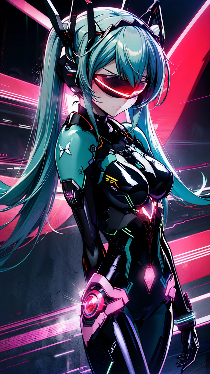 {{1 female},{{{{{Tabletop++, Highest quality++, Super detailed+, Ultra-high resolution,(Realistic:1.4)Cowboy Shot,Hatsune Miku, (vocaloid)RAW Photos,(Hatsune Miku)+,(Hatsune Miku)+, (vocaloid) Expressionless, Light blue hair, Red eyes ,clavicle, Twin tails, ((Black Bodysuit 1.6)),so beautiful, Highest quality, Absurd, One Girl, Brainwashed,}}}} Hollow Eyes,(Eyes glow red :1.4)), ((Big Breasts：1.1))、(The shape of the genitals is clearly visible)) cyber punk, Dark Lab, Dark Room,(Neon Light:1.2), (night:1.5), (Stand up and raise your right arm in a salute, Place your left hand on your hip)