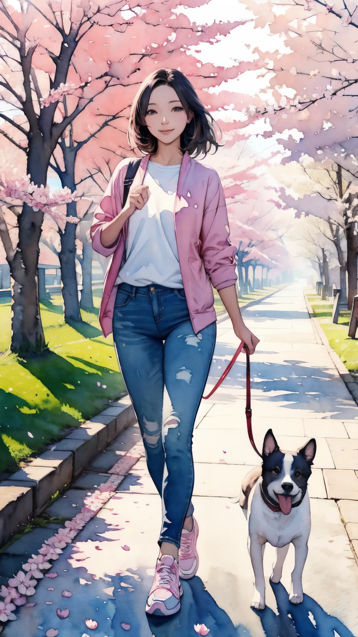 (masterpiece),(Highest quality:1.2),(Very detailed:1.2),(High resolution),(((watercolor))),8K,A woman walking along a row of cherry blossom trees,jeans,sneakers,Walking with a small dog.Beautiful cherry blossoms blooming all over the place,透明watercolor,(smile)