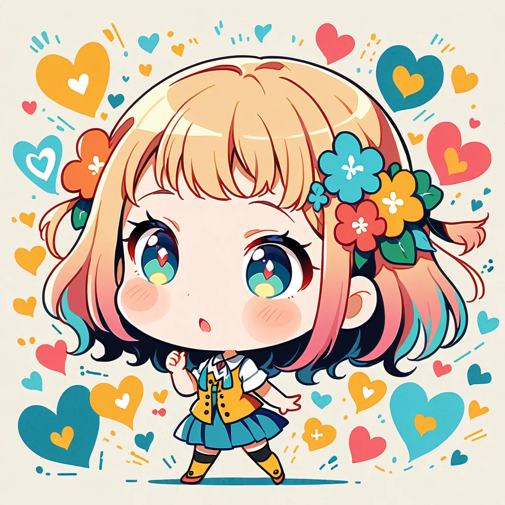 Mika Pikazo style, Simple Line Initialism,Abstract art,Urban Background, colorful hearts ,(((The most beautiful girl of all time))), (((chibi))), happy dance