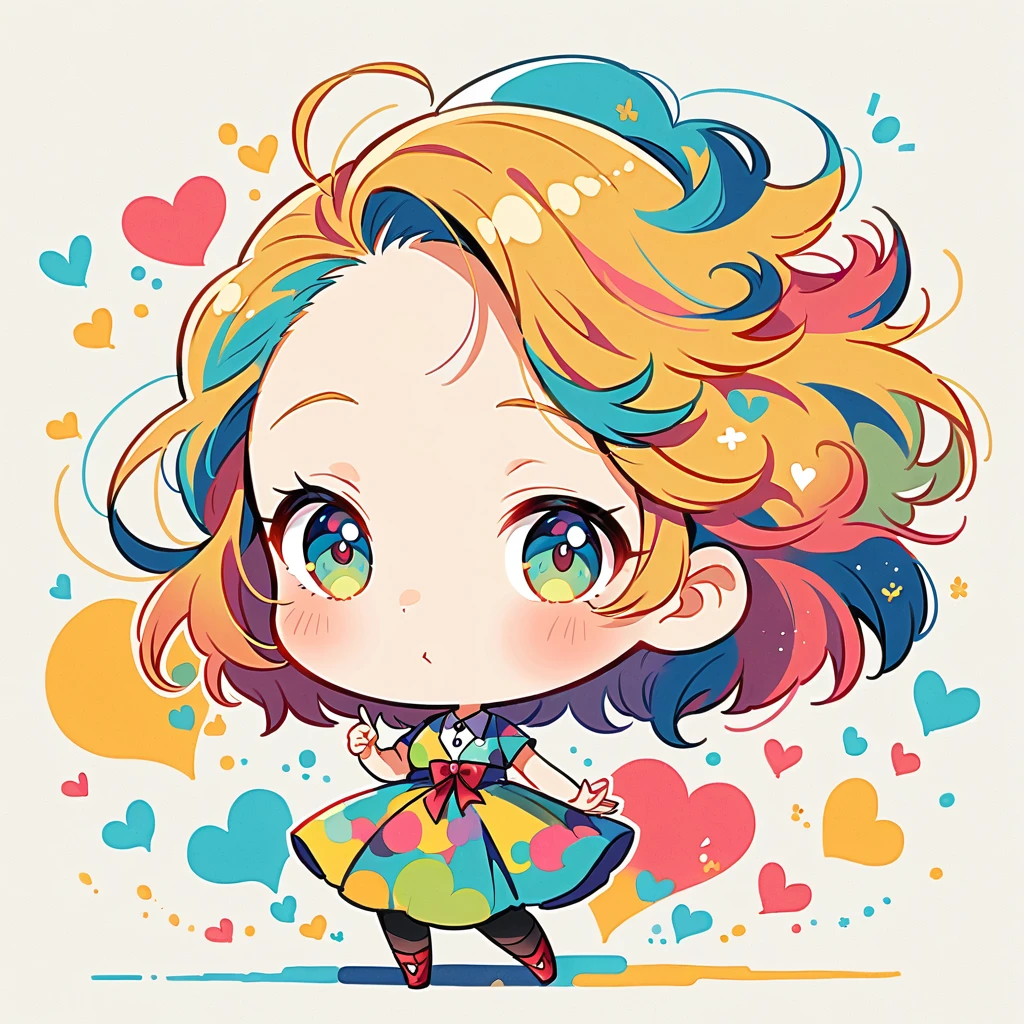 Mika Pikazo style, Simple Line Initialism，Abstract art，Urban Background, colorful hearts ,(((The most beautiful girl of all time))), (((chibi))), happy dance