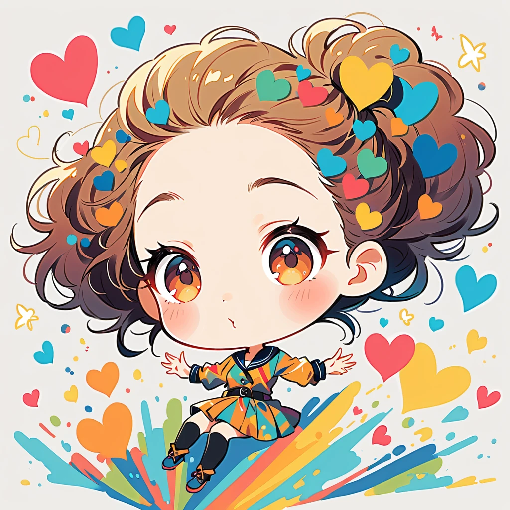 Mika Pikazo style, Simple Line Initialism，Abstract art，Urban Background, colorful hearts ,(((The most beautiful girl of all time))), (((chibi))), happy dance