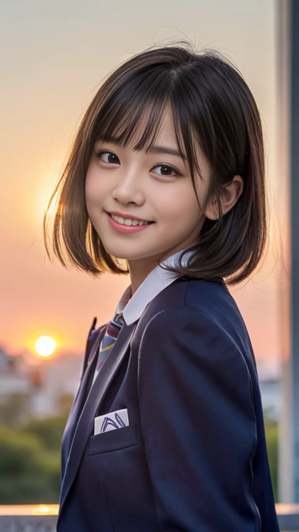 Highest quality,8K quality,masterpiece:1.3),(Ultra-high resolution,Photorealistic:1.4,RAW Photos),(Very detailed,Caustics,Detailed Background),(Ultra-Realistic Capture),At dusk,Sunset sky,School building,Schoolyard,,cute,double eyelid,Tea Short Bob,School blazer uniform,Looking at the camera,Laughter,Bust up shot,Natural soft light,smile,Young and cute gravure idol,Has a duck mouth,