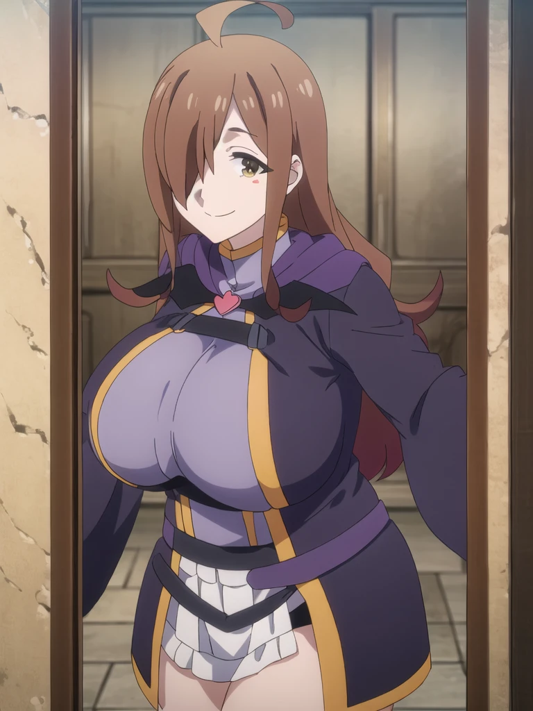 1girl, solo, Super huge breasts,plump,Whipped thighs,upper body, portrait, smile, ahoge, sidelocks, wide sleeves, hair over one eye, robe, long sleeves, looking at viewer,Heart mark in eyes,Females in heat,perfect quality, perfect,high quality,good quality, masterpiece, faultless,HDR, UHD