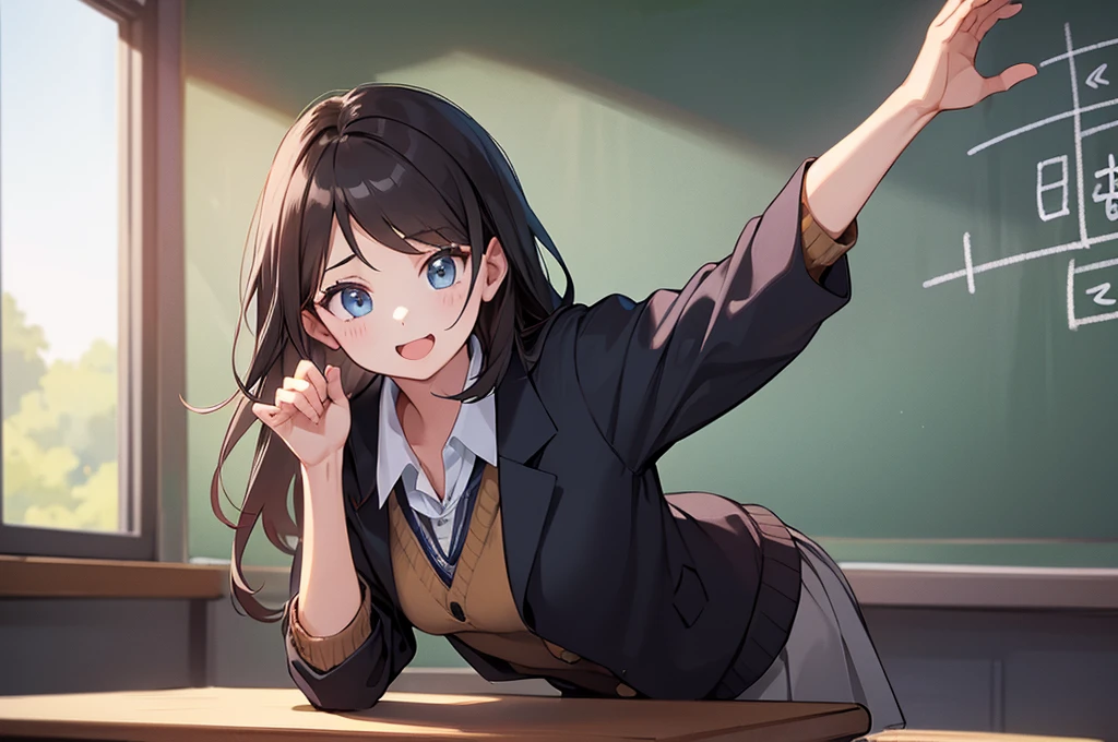 1 girl, cute, teacher, teaching, classroom, blackboard,