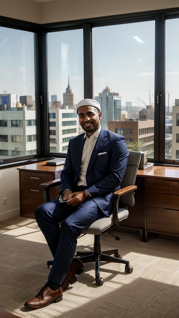 
A Muslim man in formal clothes is sitting at his spacious desk, smiling broadly while staring at the computer screen in his modern office. Around it there are books and several electronic devices neatly organized. In the background, a large window can be seen showing a view of majestic urban buildings and a clear blue sky." very realistic, high resolution, 8k resolution, intricate details