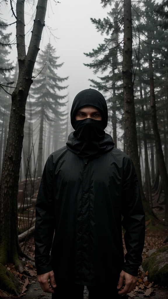 man in loose, lightweight black clothing, wearing a prominently visible balaclava, standing in a foggy, dense forest, tall trees all around, scattered fallen leaves and broken branches, eerie atmosphere, sense of mystery and solitude, suspenseful mood, wide-angle lens, soft, diffused lighting
