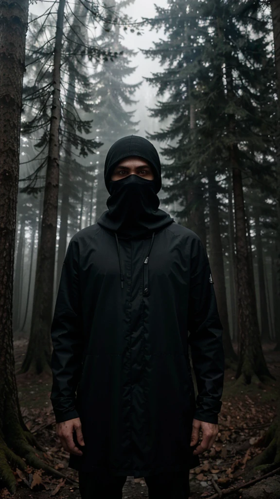man in loose, lightweight black clothing, wearing a prominently visible balaclava, standing in a foggy, dense forest, tall trees all around, scattered fallen leaves and broken branches, eerie atmosphere, sense of mystery and solitude, suspenseful mood, wide-angle lens, soft, diffused lighting
