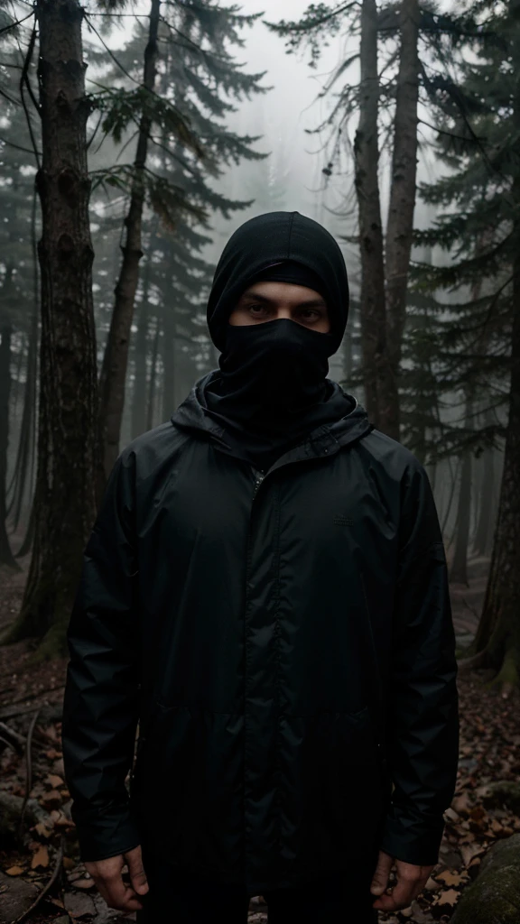 man in loose, lightweight black clothing, wearing a prominently visible balaclava, standing in a foggy, dense forest, tall trees all around, scattered fallen leaves and broken branches, eerie atmosphere, sense of mystery and solitude, suspenseful mood, wide-angle lens, soft, diffused lighting