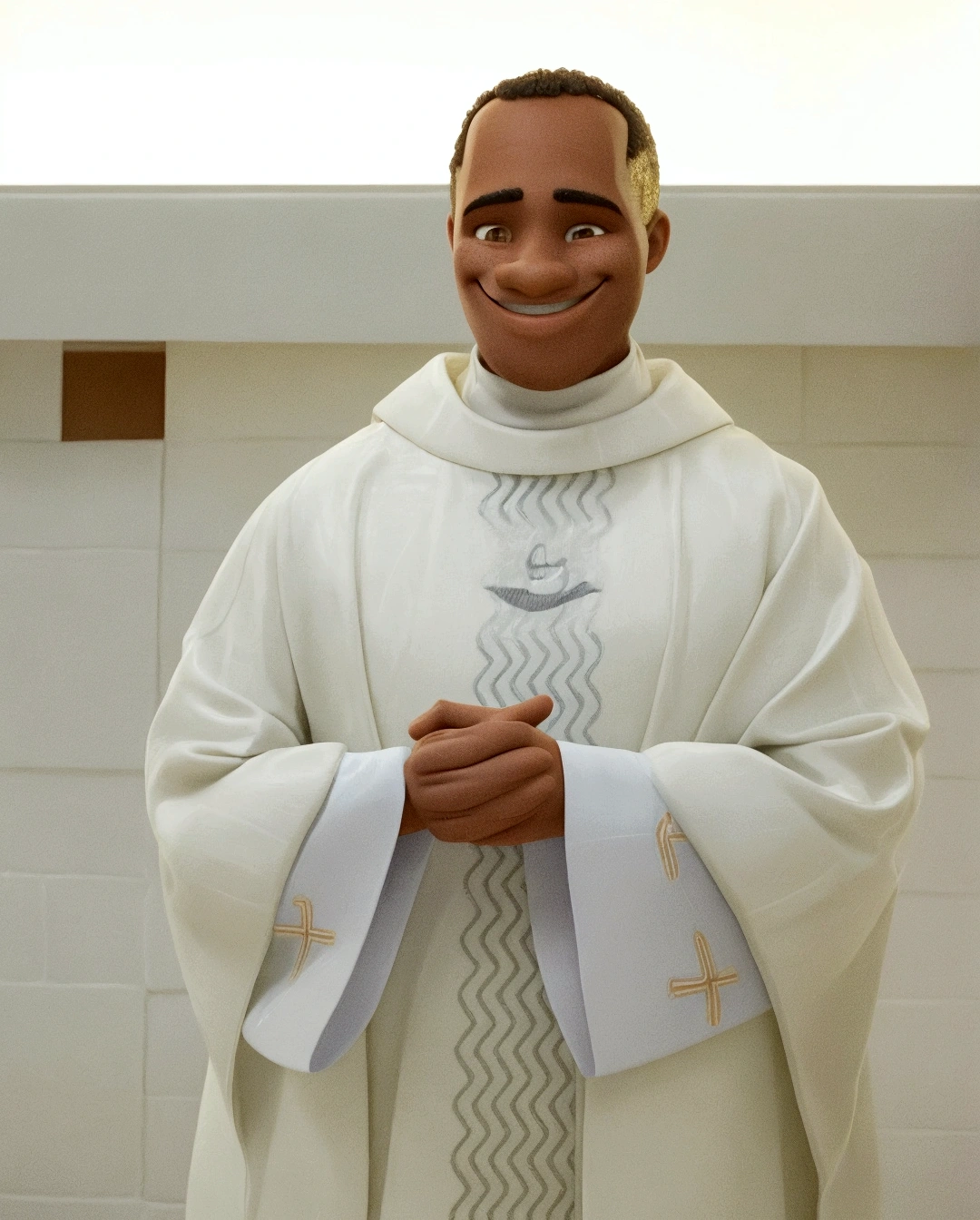 Illustration of smiling man, insane smile, brown skin man with a giant grin, smiling happily at the camera, cheeky smile, he is smiling, very huge smile, smiling male, headshot profile picture, laughing huge smile, drawing in 3D Art style, C4D, pure white color background, Disney style, pixar style render illustration Super Detail, 8K