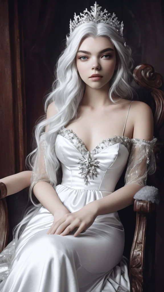 A silver-haired girl in a white dress sits on a chair, Anya Taylor - The Vampire Queen of Joy, gothic princess portrait, 4k HD. Snow-white hair, soft devil queen madison beer, Inspired by Elsa Bleda, Beautiful and elegant demon queen, Very beautiful top model, tom bagshaw style, Beautiful vampire queen, Portrait of the Queen