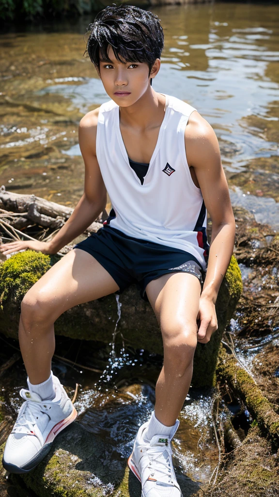 Masterpiece, upper, very detailed, real photos, A very handsome man, 18 year old, Spike Black Hair, wearing a Tanktop and White Underwear, Standing facing the camera under the lake, 64K ultraHD resolution, HDR, 800mm lens, realistic , hyperrealistic, photography, professional photography, deep photography, ultra HD, very high quality, best quality, mid quality, HDR photo, focus photo, deep focus, very detailed, original photo, original photo, ultra sh