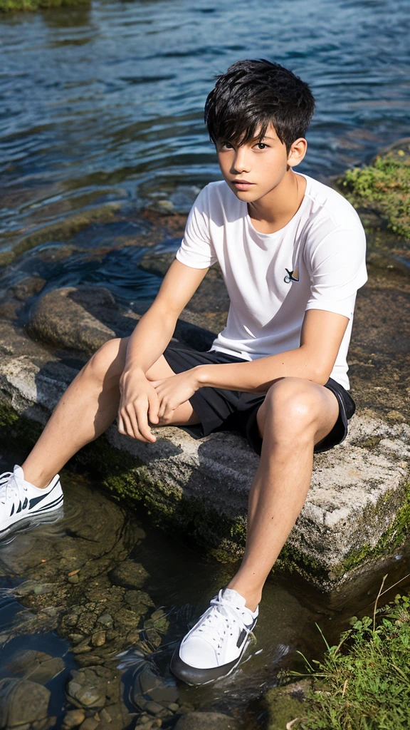 full body portrait photo with natural effect. clothes: no shirt, white volleyball shorts. shoes: wearing black shoes. situation: Handsome Indonesian young man sitting Was lying in the river with his clothes wet from the river water facing the camera.