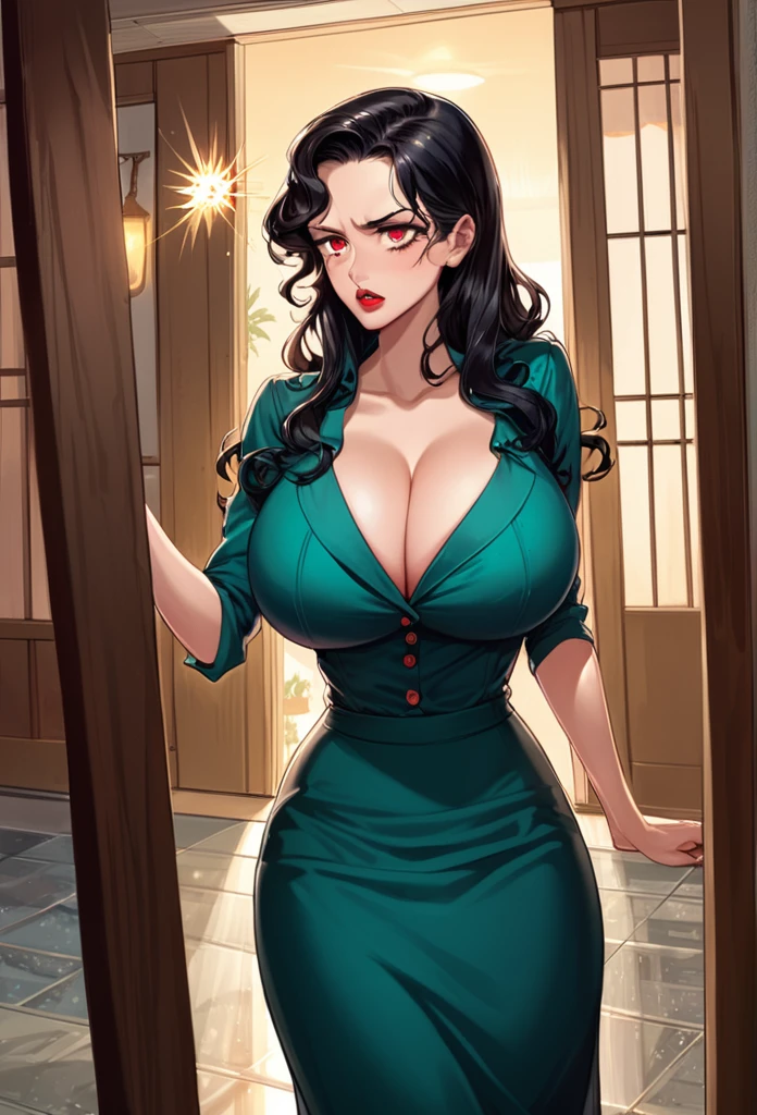 detailed illustration (side view),dynamic angle,ultra-detailed, detailed eyes, detailed face, 1girl, night , nightime, stars, 1940’s wife, tight and strained button up blouse and long skirt, anime eyes, lidded eyes, angry, standing in pool house, domestic goddess, black hair, huge breasts, wholesome yet sexy, motherly, nurturing, MILF, glass sliding door, moonscape outside, dark blue eyes, highly detailed eyes, detailed eyes, bright eyes, long hair, wavy hair, red lips, buttons straining, cleavage too big, gaps between buttons, chest busting out, mad, yelling at camera, pointing at camera, beautiful face, attractive face, tits spilling out,