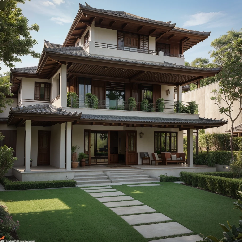 photo of house with large lawn and small garden, exterior design, beautiful house, wide angle exterior 2022, traditional, southeast asian style by Kanbun Master, high quality rendering, Exterior, home design in, beautiful masterpiece; works, realistic style, overall architectural design, architectural visualization, villa, rendering, 4K), concept house, 4k), code