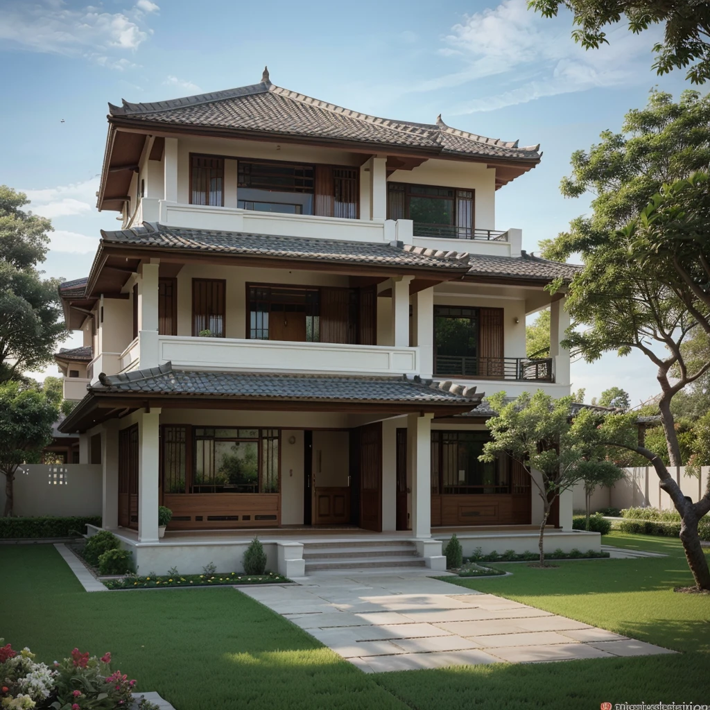 photo of house with large lawn and small garden, exterior design, beautiful house, wide angle exterior 2022, traditional, southeast asian style by Kanbun Master, high quality rendering, Exterior, home design in, beautiful masterpiece; works, realistic style, overall architectural design, architectural visualization, villa, rendering, 4K), concept house, 4k), code