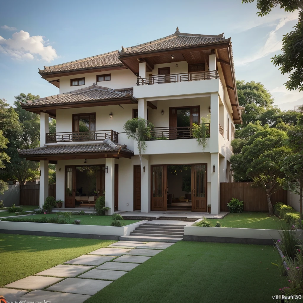 photo of house with large lawn and small garden, exterior design, beautiful house, wide angle exterior 2022, traditional, southeast asian style by Kanbun Master, high quality rendering, Exterior, home design in, beautiful masterpiece; works, realistic style, overall architectural design, architectural visualization, villa, rendering, 4K), concept house, 4k), code