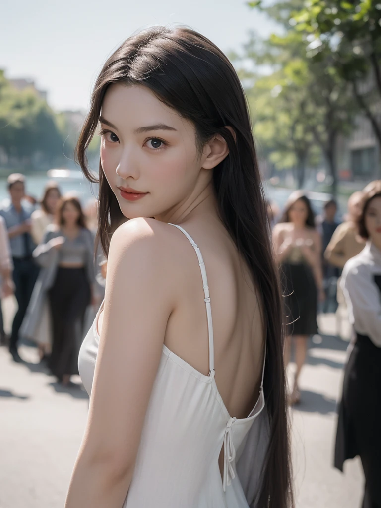 (masterpiece, best quality:1.2), (8k uhd, 16k, 32k, ultra high res), (photorealistic:1.37), (RAW photo), ultimate-realistic, ultimate-realistic details, ultimate-realistic texture, ultimate-intricate details, ultimate-realistic lighting, ultimate-realistic shadow, japanese girl, 24yo, ultimate-cute face, ultimate-RAW skin, ultimate-eyes, A photo of Mijiru's detailed face and body, ((from front bottom, quite a bit body)), looking at the sky with hopeful and big smile on her face, ((Liv tyler mixed face:0.9)), Mijiru is a time-traveler with a strong body foundation and a tight up rose gold hair, dressed bare shoulders ‘Keith haring’ graphics pattern designed loosen crop top, hands up, dynamic pose, The renaissance seine riverscape background should be bright, exotic and with a crowd that has different cultures, centered, luminism, black eye, cinematic, Isometric, awesome full color, insanely detailed, film grain, Hasselblad X2D 100C + XCD 2,5/25V, F/1.8, (cinematic still:1.2), 35mm photograph, film, bokeh, professional, 4k, highly detailed, perfect fingers ,Extremely Realistic, UHD, arwen,